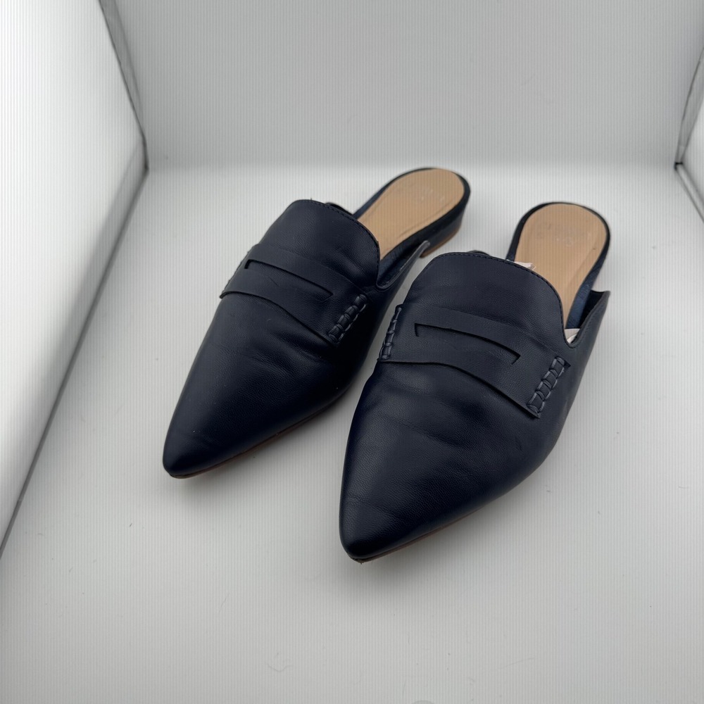 Crown & Ivy Tammy Loafer Mules Womens 7.5 Navy Blue Pointed Toe Penny Flat Shoes